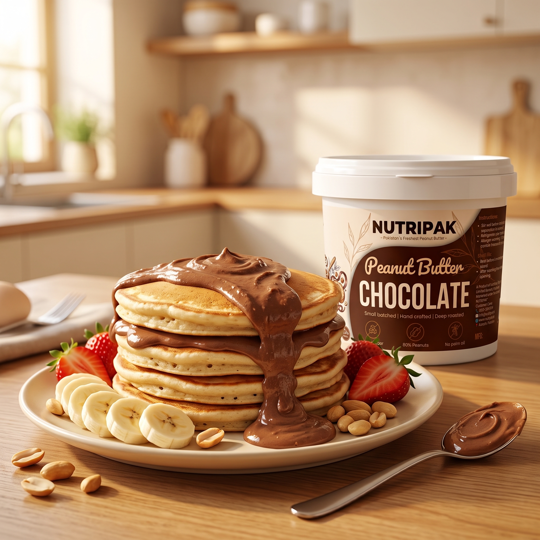 Chocolate peanut butter drizzled over fluffy pancakes - indulgent kids breakfast