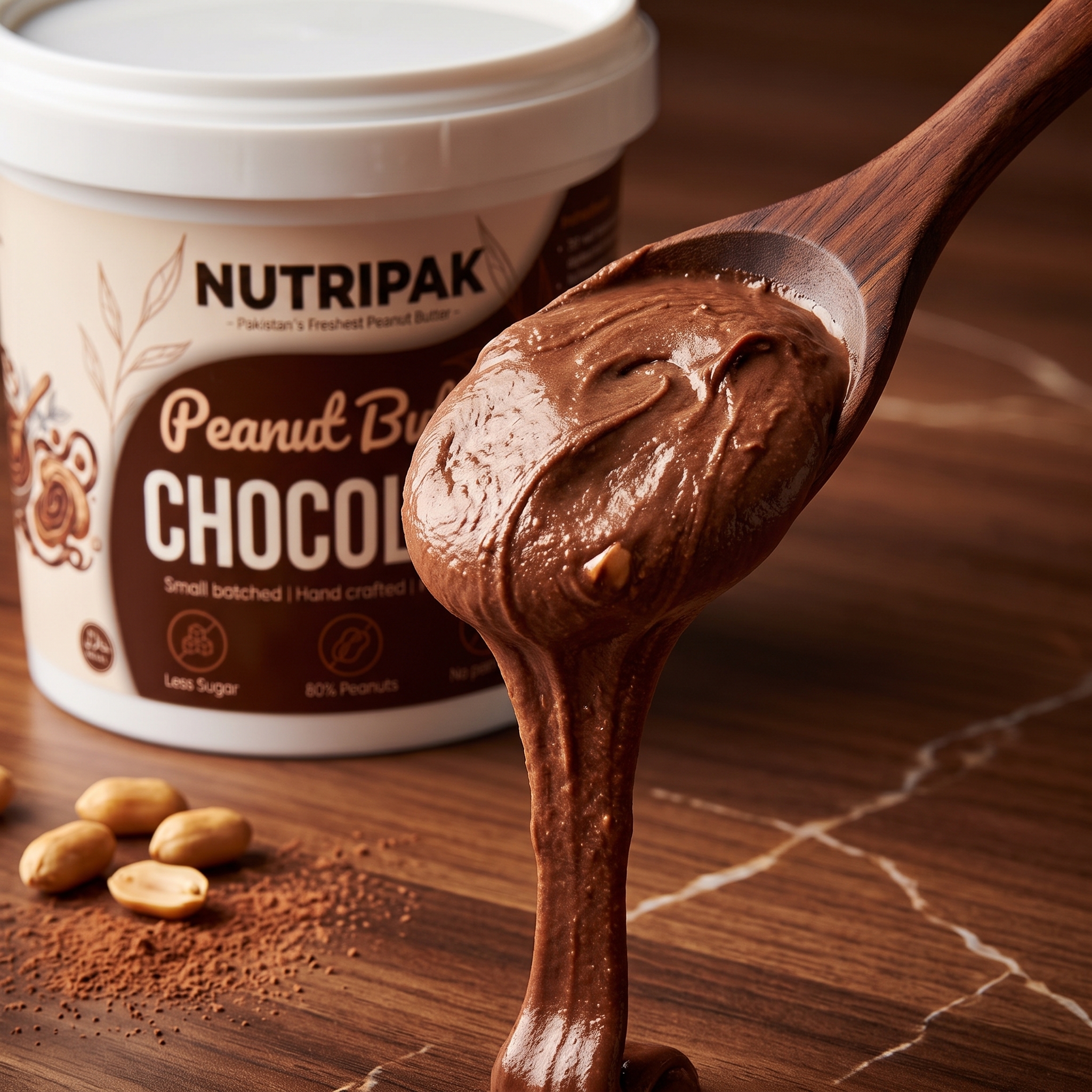 Chocolate peanut butter melting from spoon with rich cocoa swirl texture
