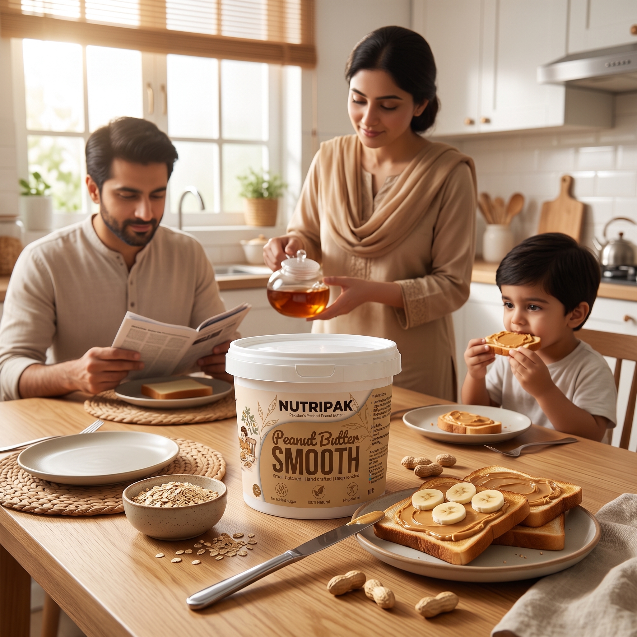 Family breakfast with NutriPak smooth peanut butter on toast - kids healthy snack