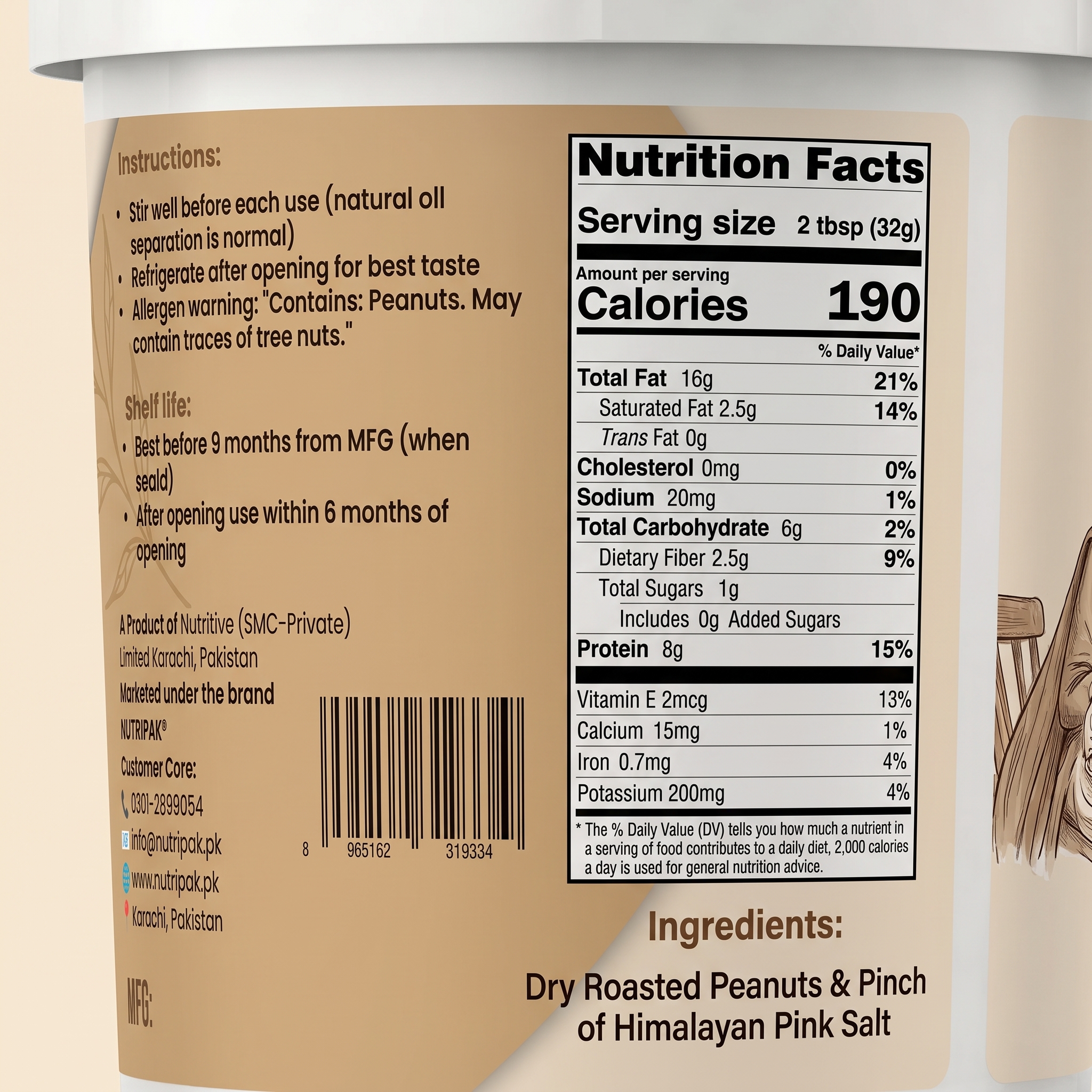 NutriPak Smooth Peanut Butter nutrition facts label - protein fiber energy per serving