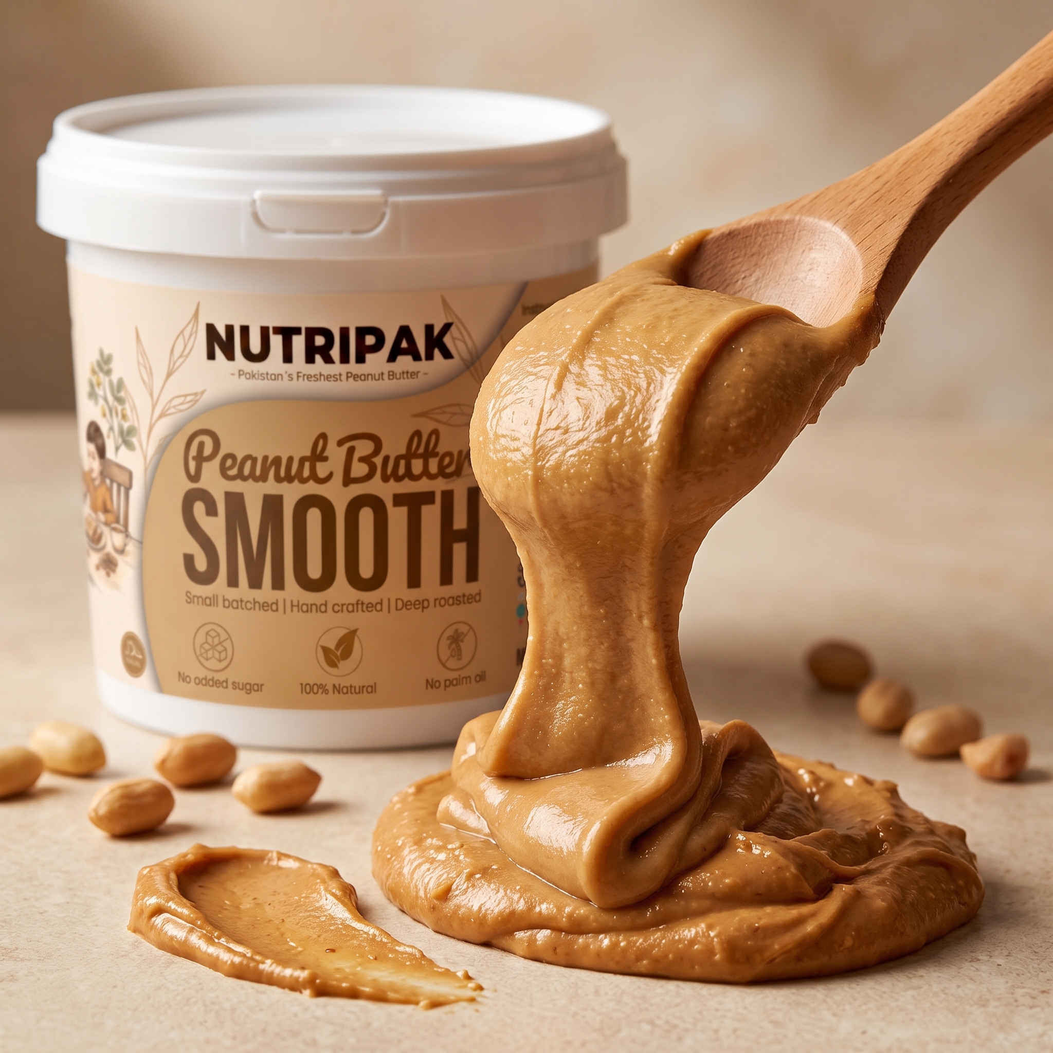 Creamy smooth peanut butter dripping from spoon showing rich texture Title: Smooth Peanut Butter Creamy Texture