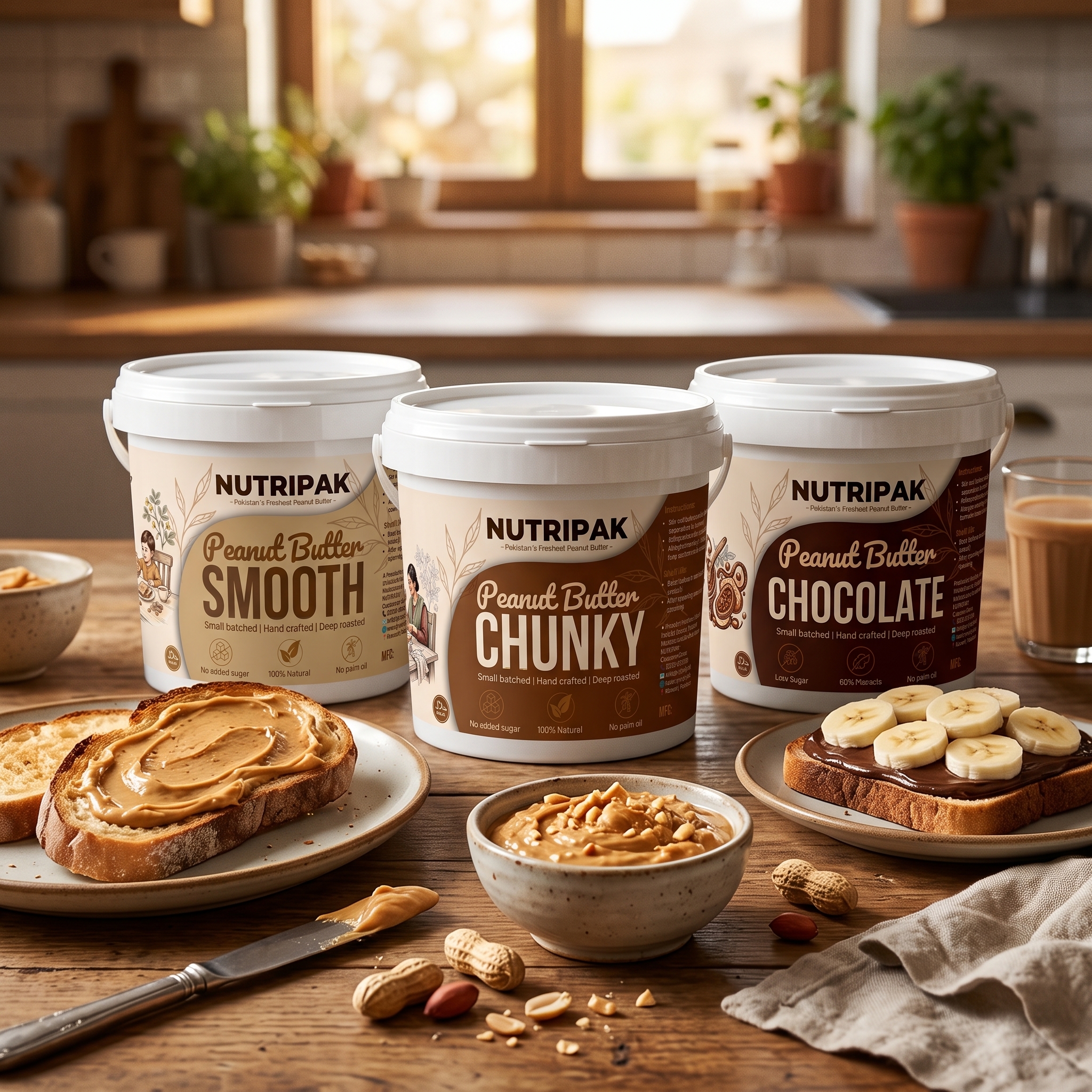 NUTRIPAK Smooth, Chunky and Chocolate Peanut Butter Trio Pack styled with toast and banana.