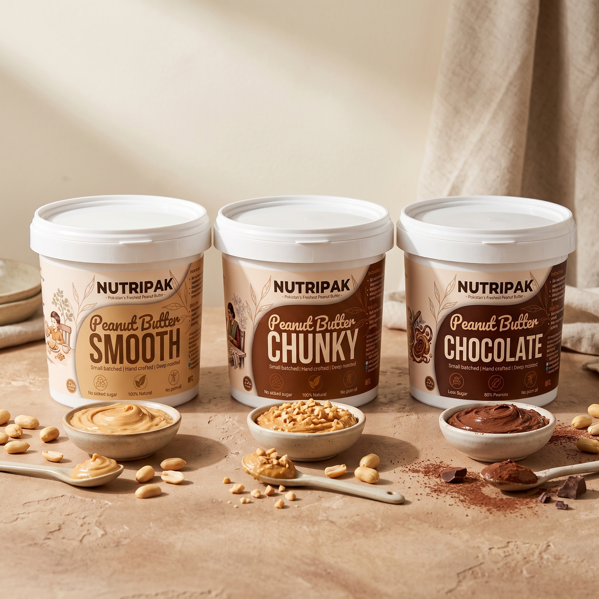 Three NUTRIPAK peanut butter flavours showing Smooth, crunchy peanut pieces and rich Chocolate.