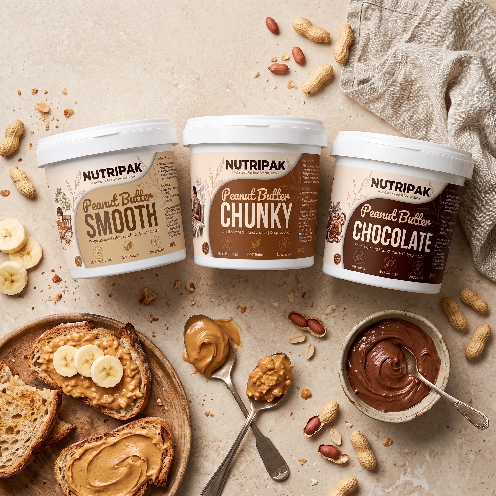 NUTRIPAK 1.5kg peanut butter combo with three 500g buckets and breakfast pairings